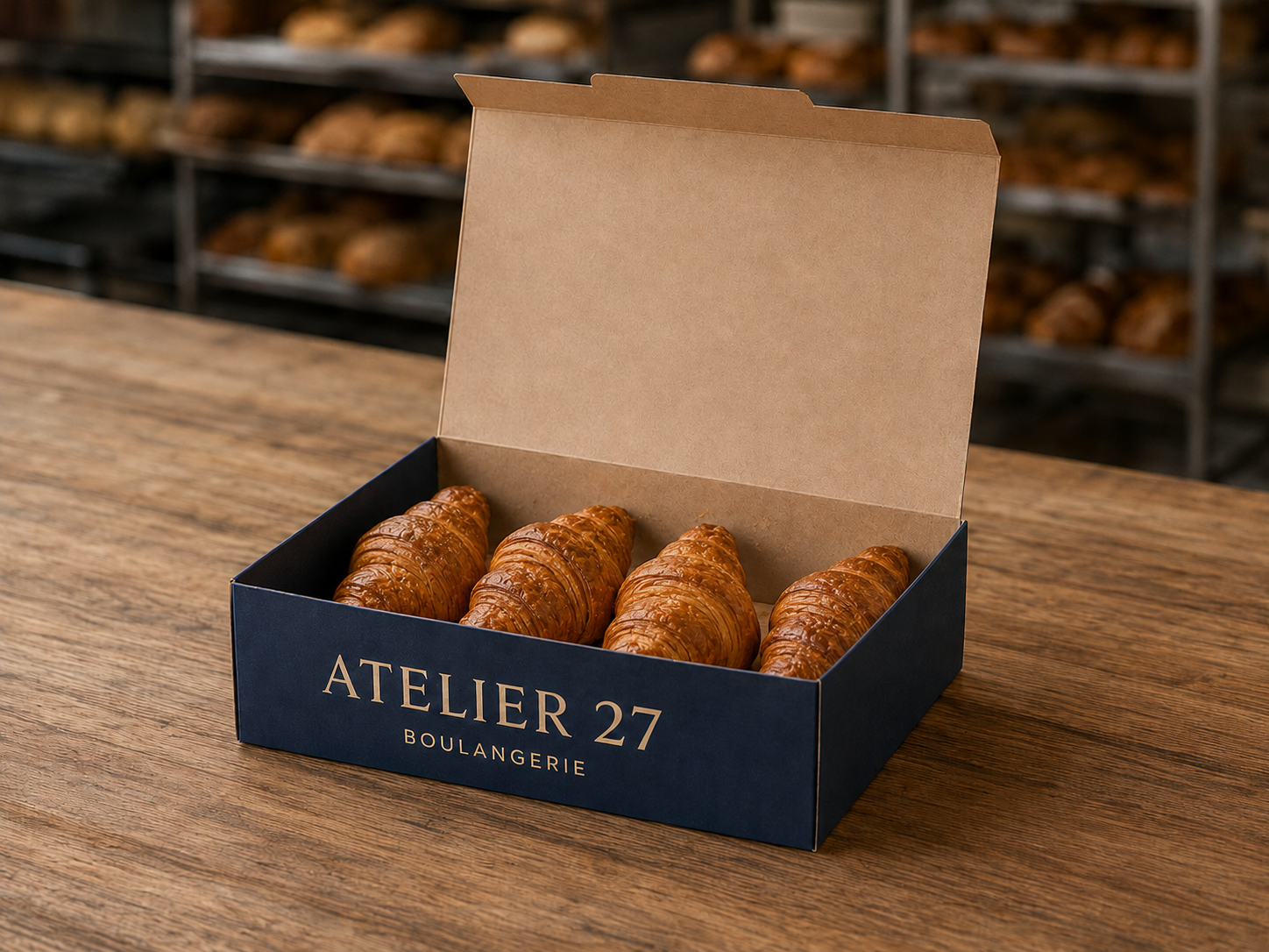 Atelier 27 branded pastry box in a bakery